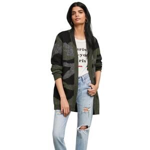 Anthropologie Moth Green Camo Open Front Cardigan Sweater